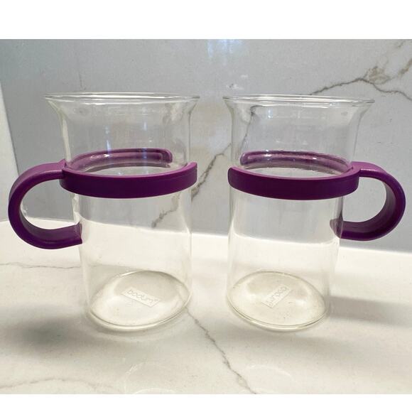 Set of 2 Vintage Purple French Press Bistro Coffee Mugs Bodum Glass Round Handle - Picture 1 of 6